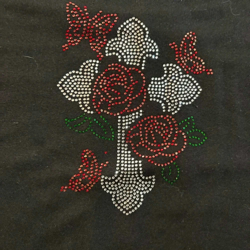 Rue21 Classic Black T Y2K Rhinestone Design Roses and Cross Sz M Bikercore Goth - Picture 3 of 7